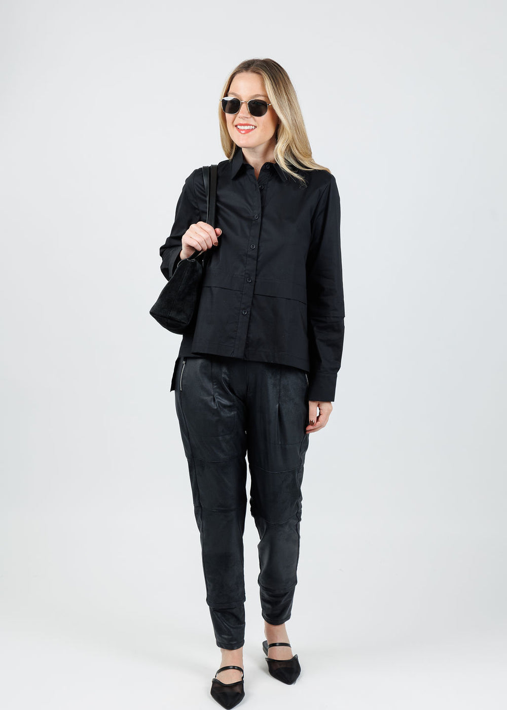Ozai N Ku Nadia Button-Down High/Low Shirt in Black available at Barbara Katz