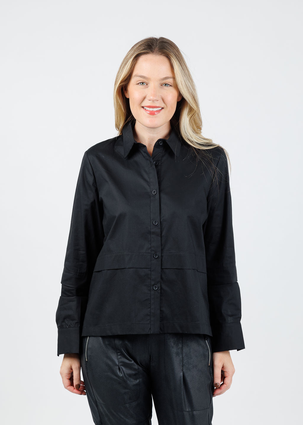 Ozai N Ku Nadia Button-Down High/Low Shirt in Black available at Barbara Katz