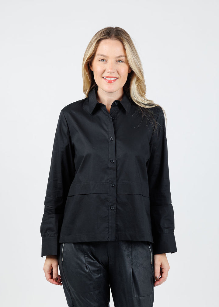 Ozai N Ku Nadia Button-Down High/Low Shirt in Black available at Barbara Katz