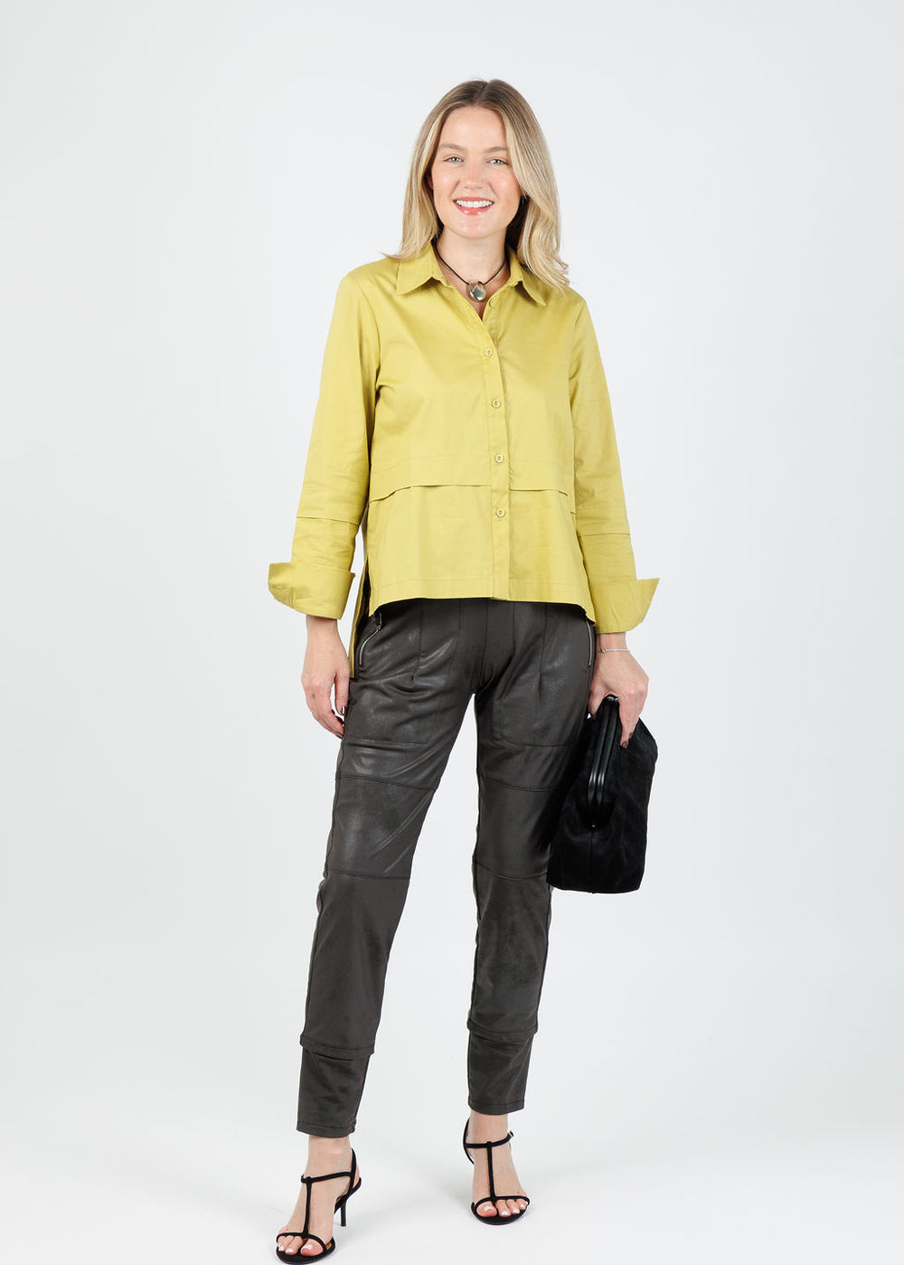 Ozai N Ku Nadia Button-Down High/Low Shirt in Lemon available at Barbara Katz