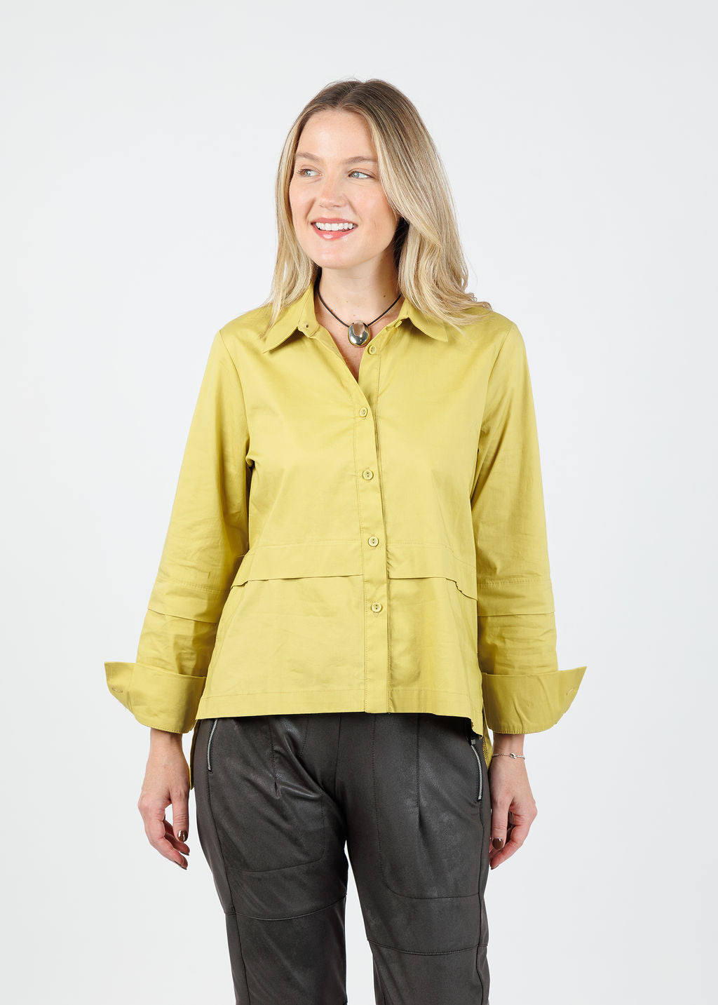 Ozai N Ku Nadia Button-Down High/Low Shirt in Lemon available at Barbara Katz