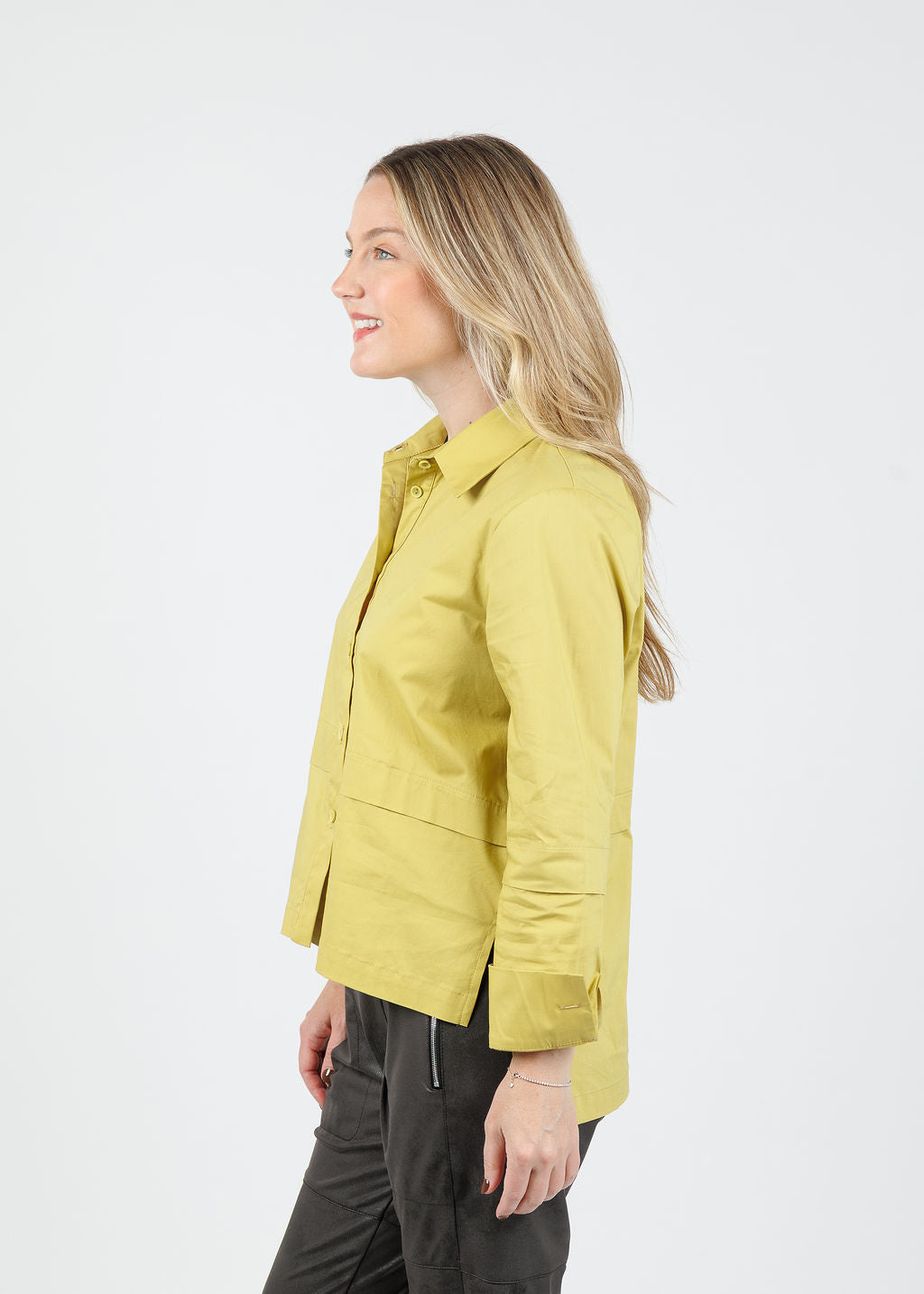 Ozai N Ku Nadia Button-Down High/Low Shirt in Lemon available at Barbara Katz