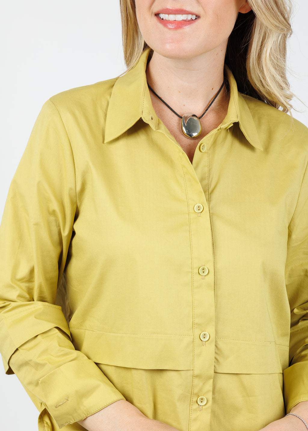 Ozai N Ku Nadia Button-Down High/Low Shirt in Lemon available at Barbara Katz