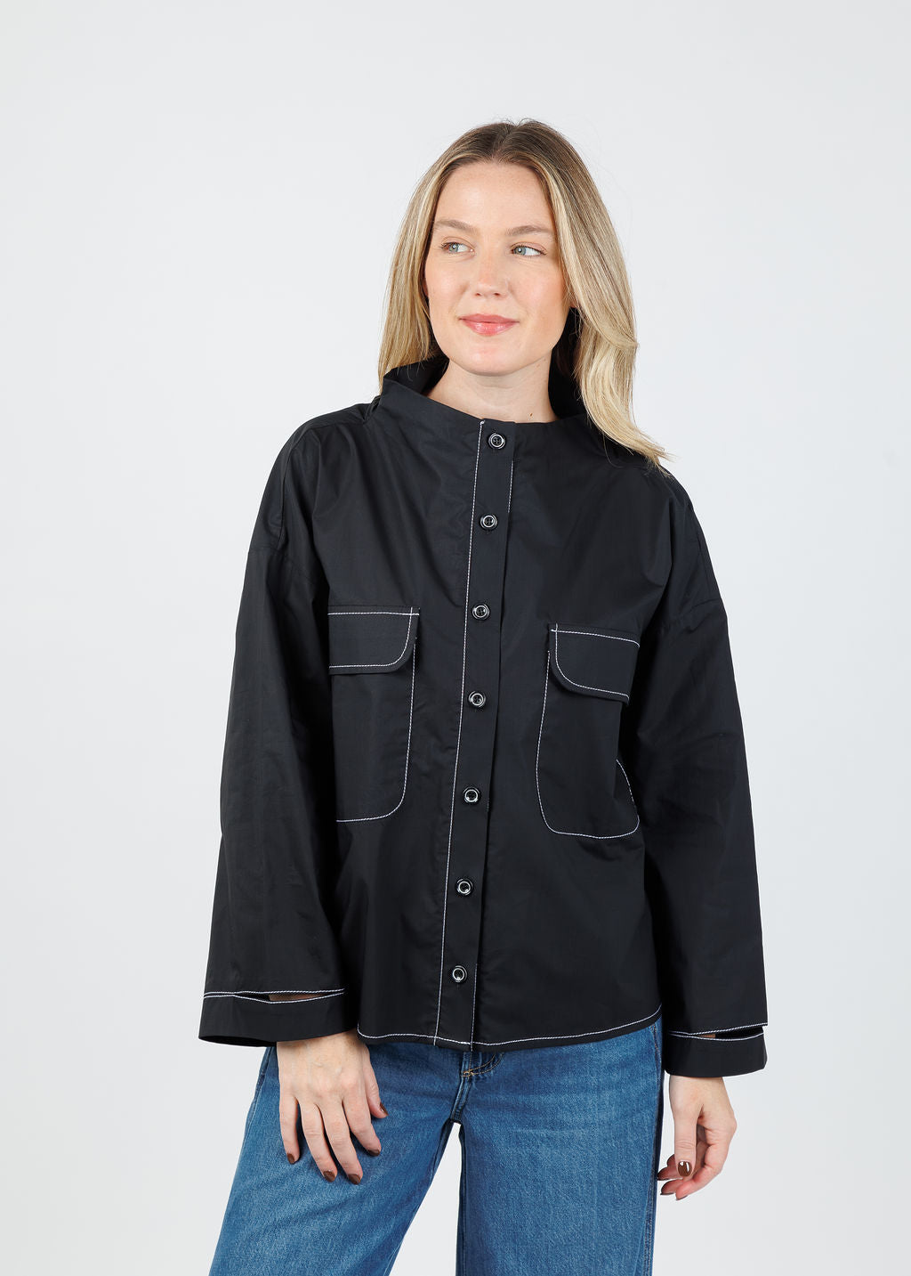 Ozai N Ku Norma Contrast Stitch Pocket Jacket in Black/White available at Barbara Katz