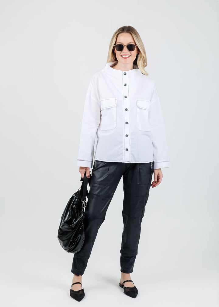 Ozai N Ku Norma Contrast Stitch Pocket Jacket in White/Black available at Barbara Katz
