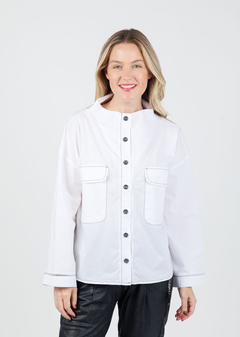 Ozai N Ku Norma Contrast Stitch Pocket Jacket in White/Black available at Barbara Katz