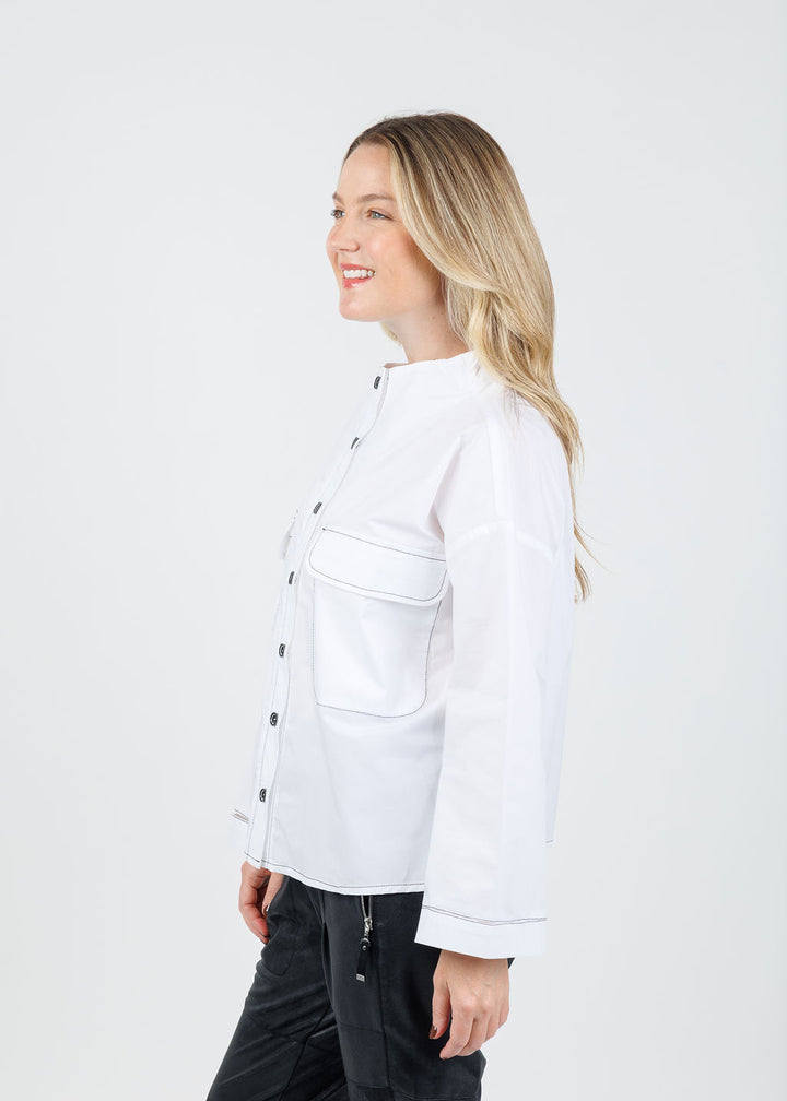 Ozai N Ku Norma Contrast Stitch Pocket Jacket in White/Black available at Barbara Katz