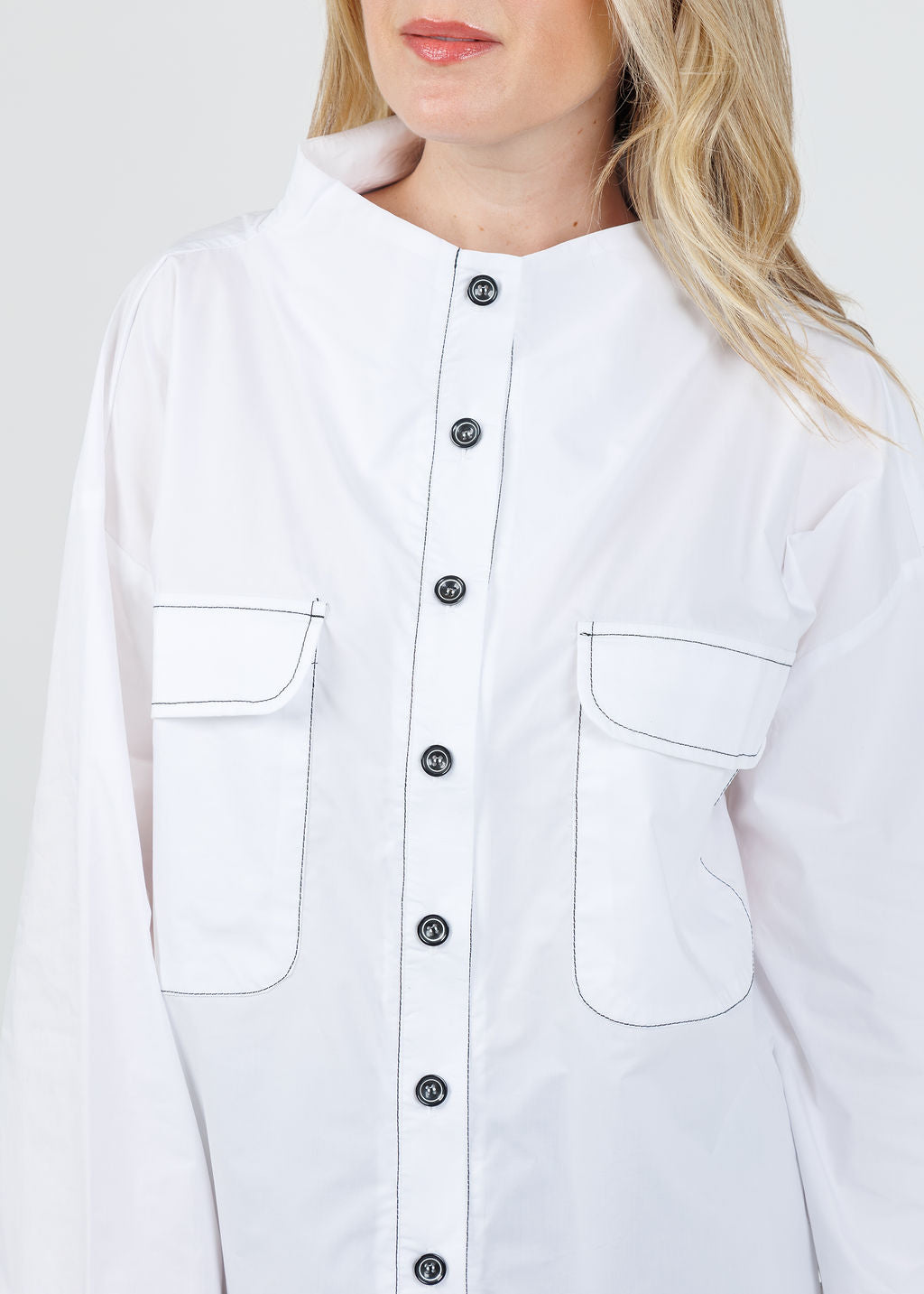 Ozai N Ku Norma Contrast Stitch Pocket Jacket in White/Black available at Barbara Katz