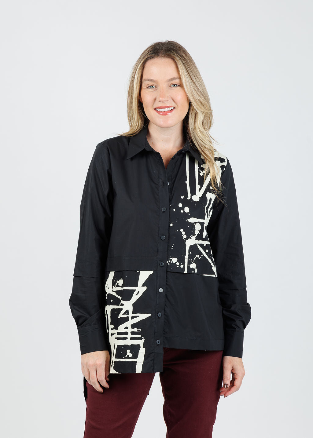 Ozai N Ku Soila Splash Paint Blouse in Black available at Barbara Katz
