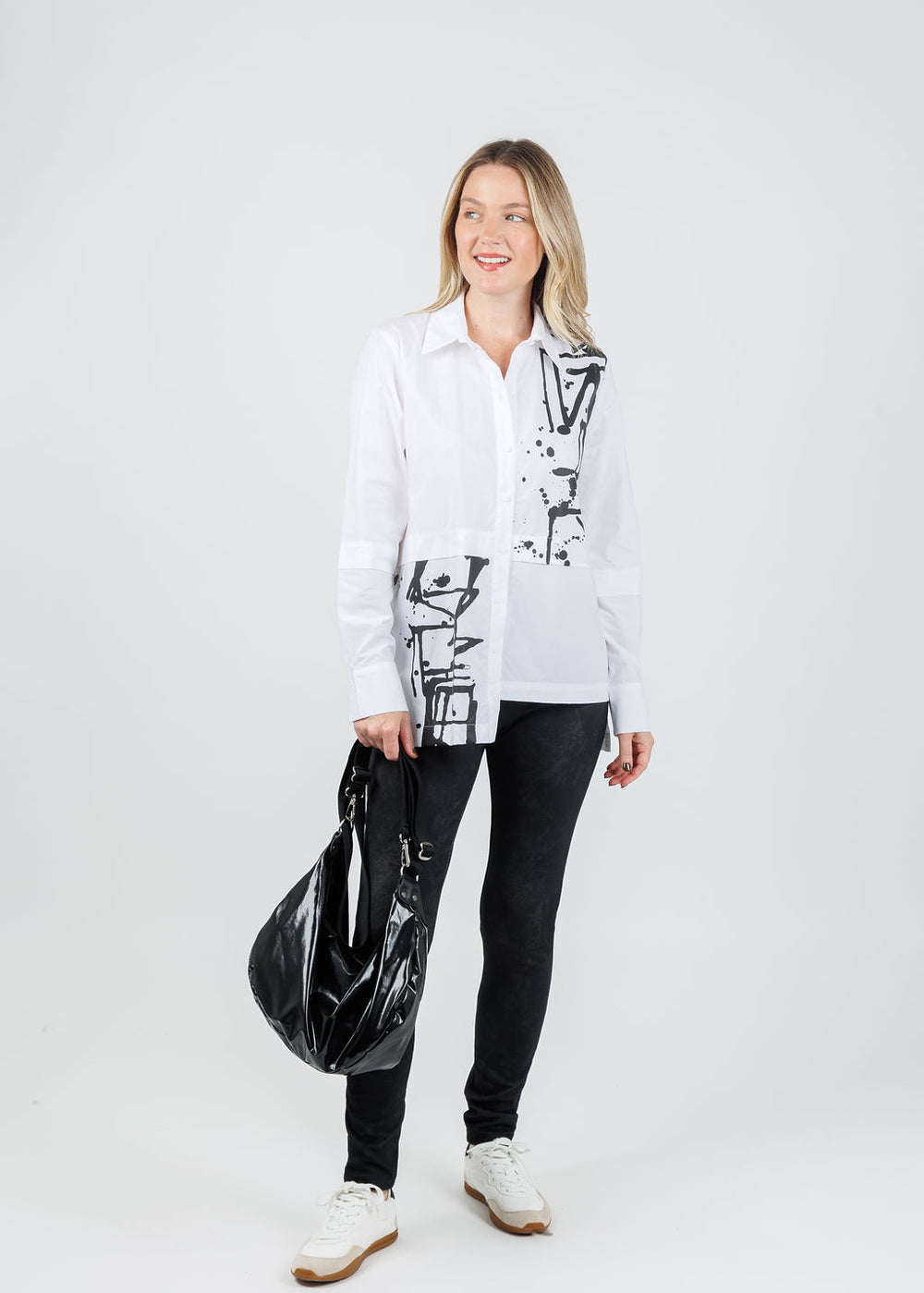 Ozai N Ku Soila Splash Paint Blouse in White paired with Ozai N Ku Jac Leggings in Black available at Barbara Katz