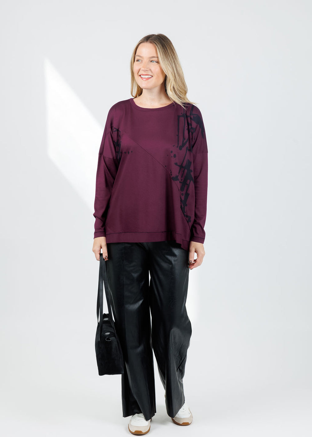 Ozai N Ku Tunic Abstract Swing Top in Burgundy available at Barbara Katz