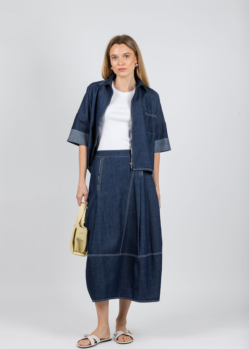 Ozai N Ku Denim Zip Up Jacket paired with matching Denim Balloon Skirt available at Barbara Katz