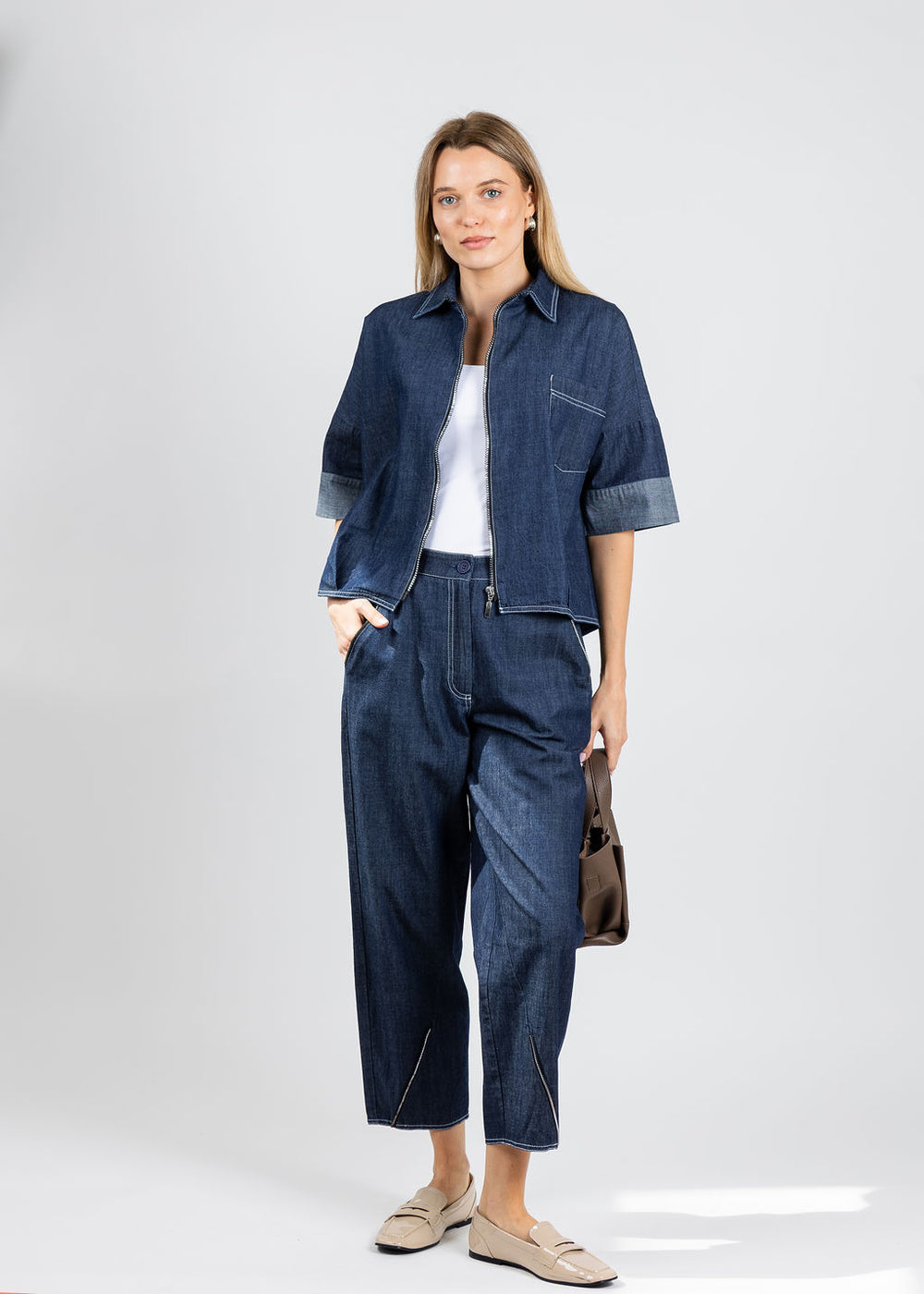 Ozai N Ku Denim Zip Up Jacket paired with matching Denim Crop Pants available at Barbara Katz