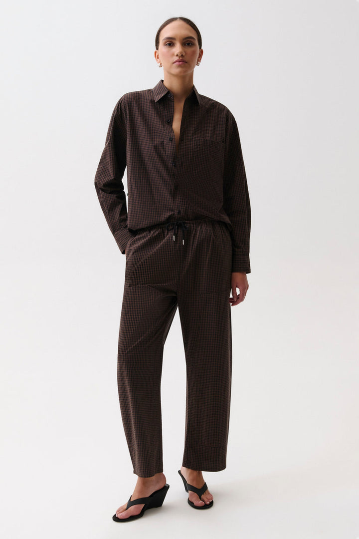 Pistola Mila Button Down Long Sleeve Top and Theo Drawstring Poplin Pant in Hot Toddy available at Barbara Katz