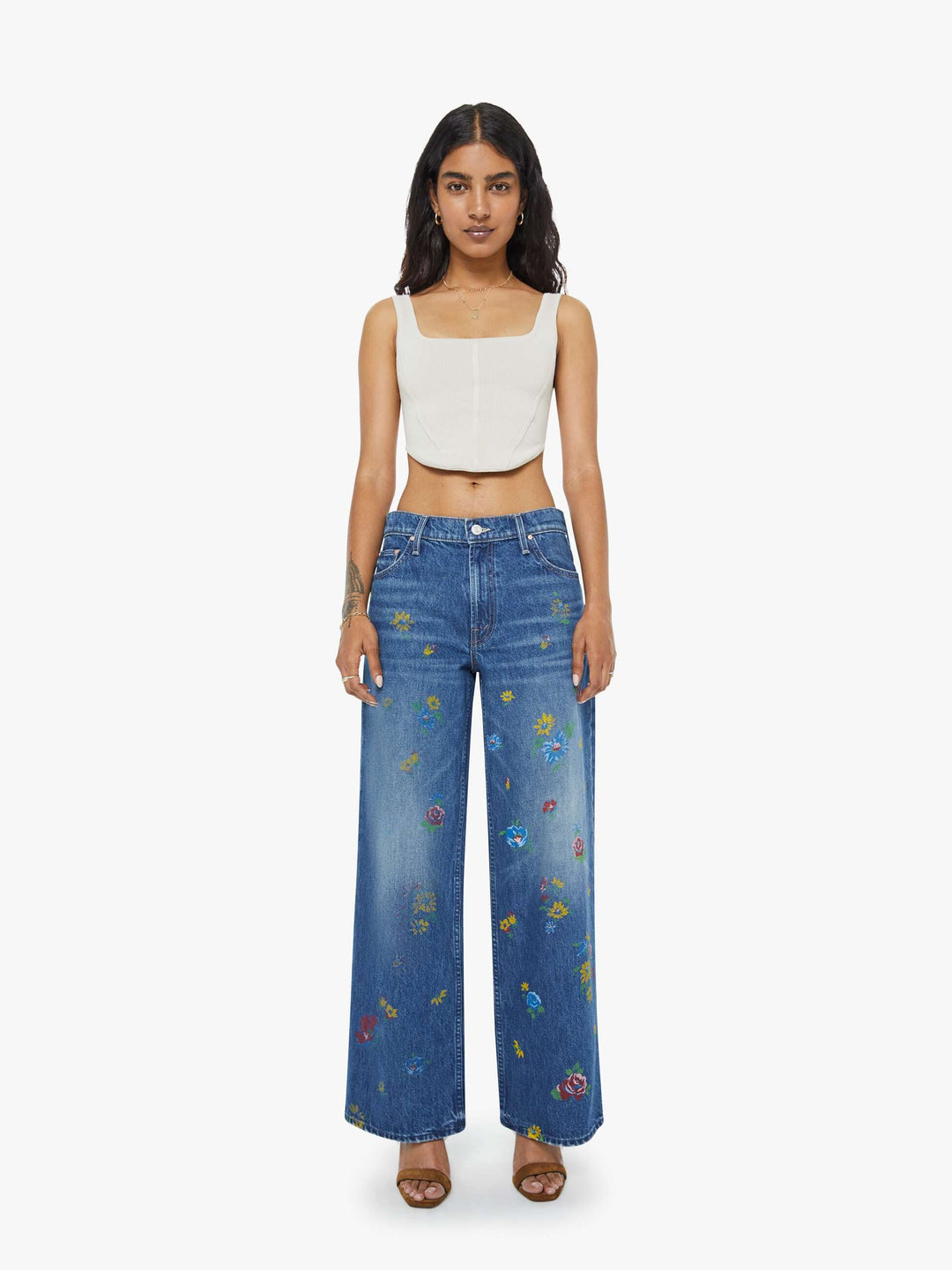 Mother Lil Rerun Zip Sneak Jeans in Field of Flowers available at Barbara Katz