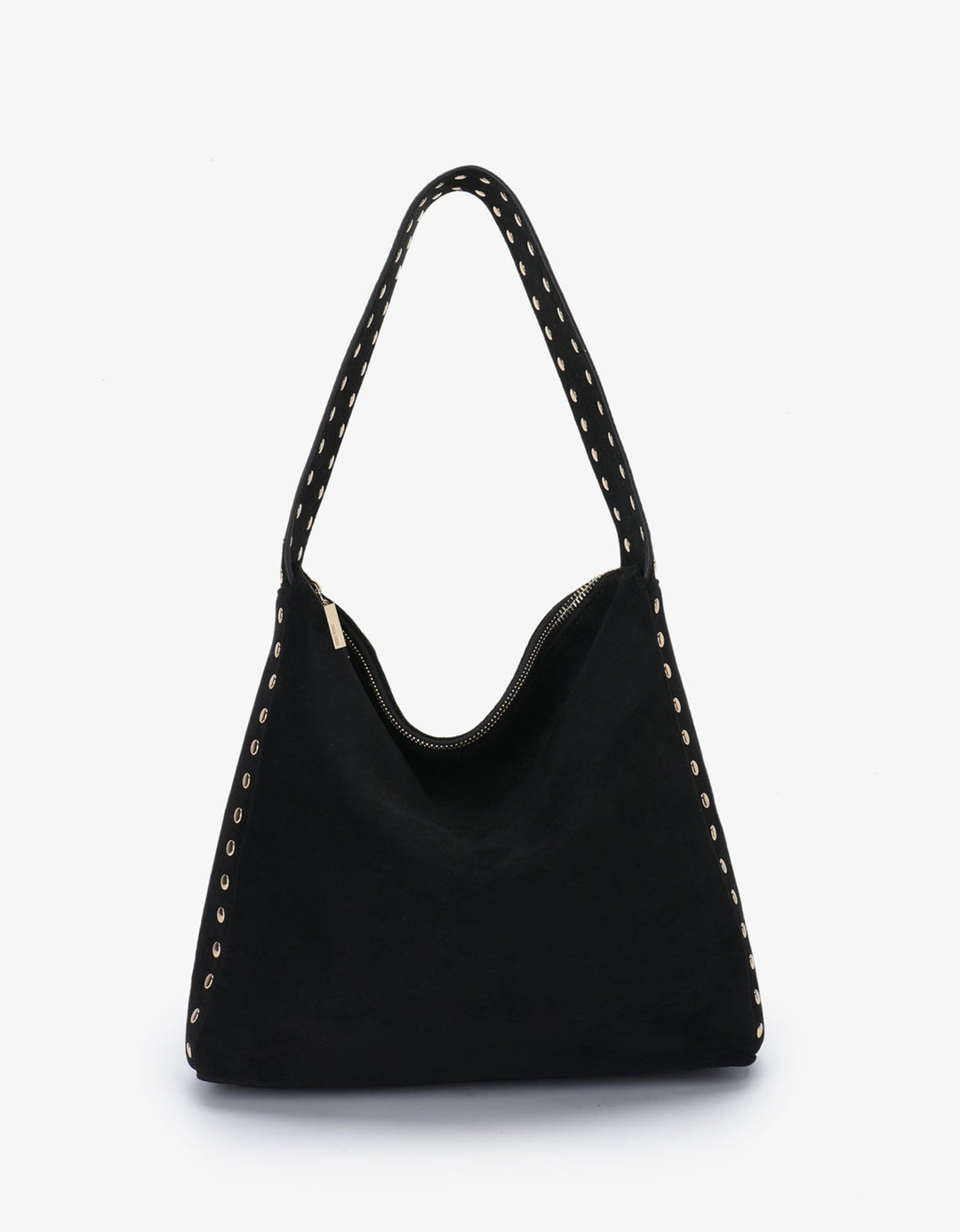 Remi/Reid Pascal Faux Suede Studded Shoulder Bag in Black/Gold available at Barbara Katz