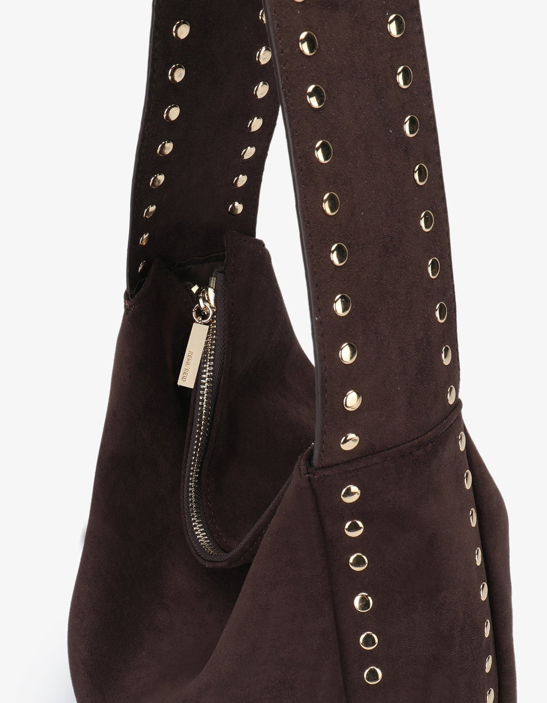 Remi/Reid Pascal Faux Suede Studded Shoulder Bag in Espresso available at Barbara Katz