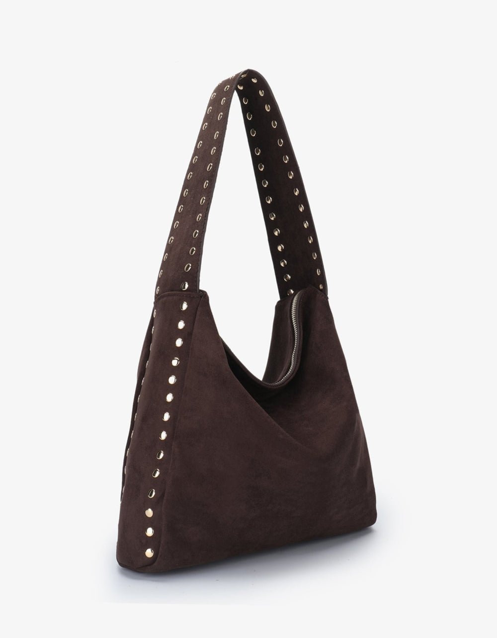 Remi/Reid Pascal Faux Suede Studded Shoulder Bag in Espresso available at Barbara Katz