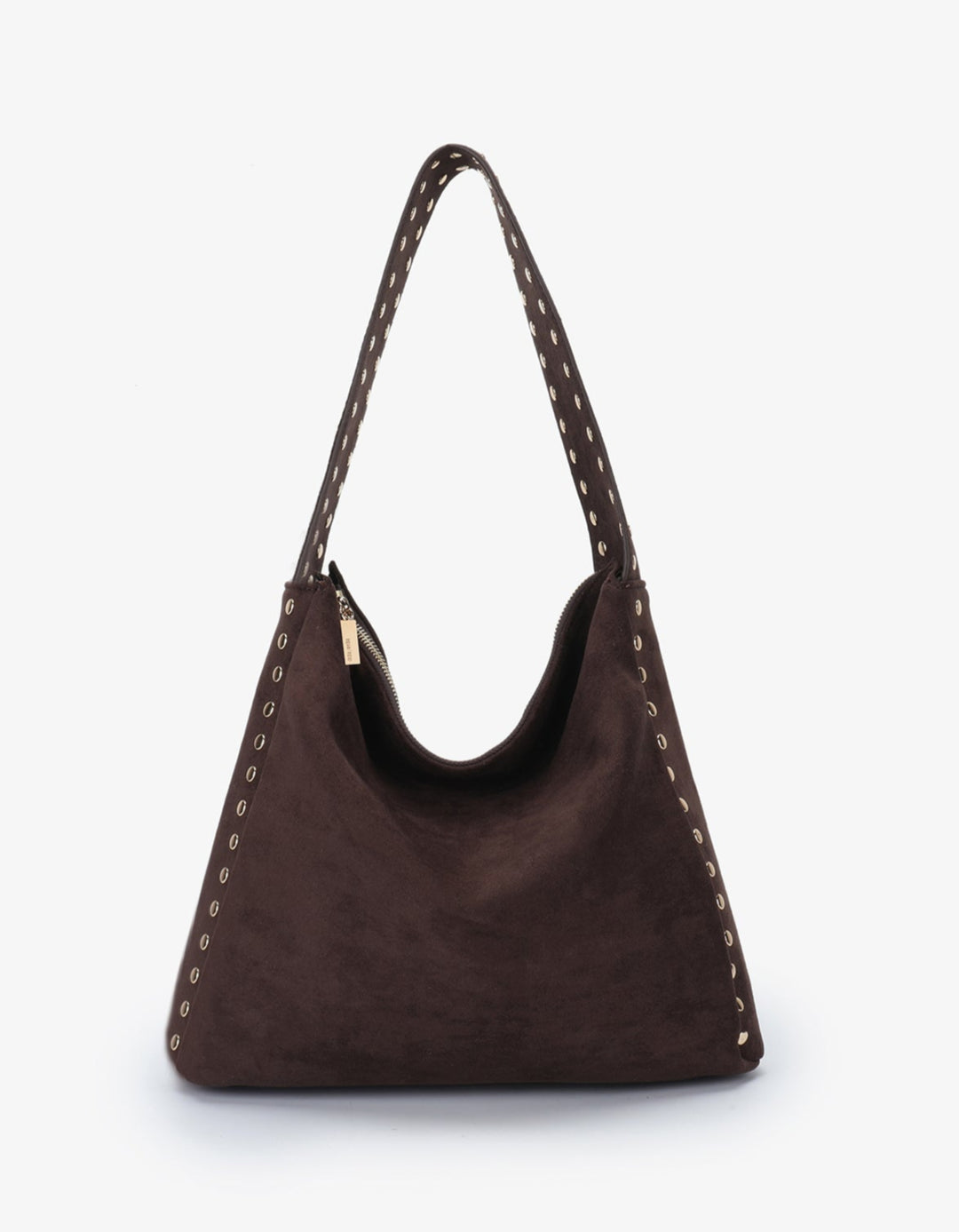 Remi/Reid Pascal Faux Suede Studded Shoulder Bag in Espresso/Gold available at Barbara Katz