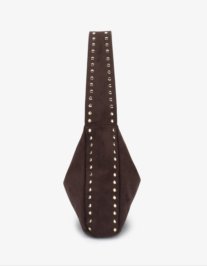 Remi/Reid Pascal Faux Suede Studded Shoulder Bag in Espresso available at Barbara Katz