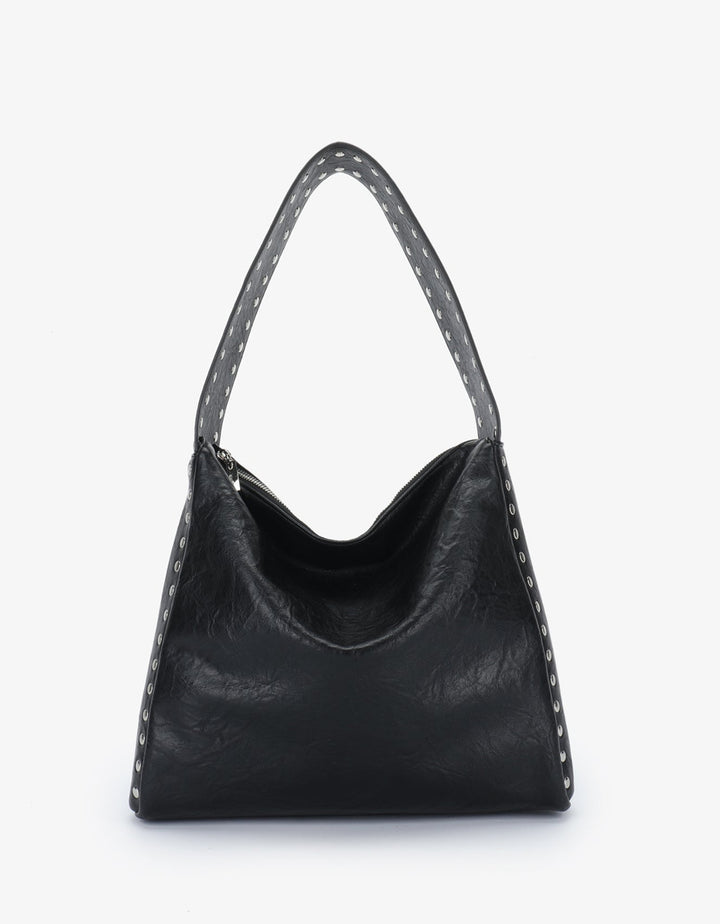 Remi/Reid Pascal Vegan Leather Studded Shoulder Bag in Black/Silver available at Barbara Katz