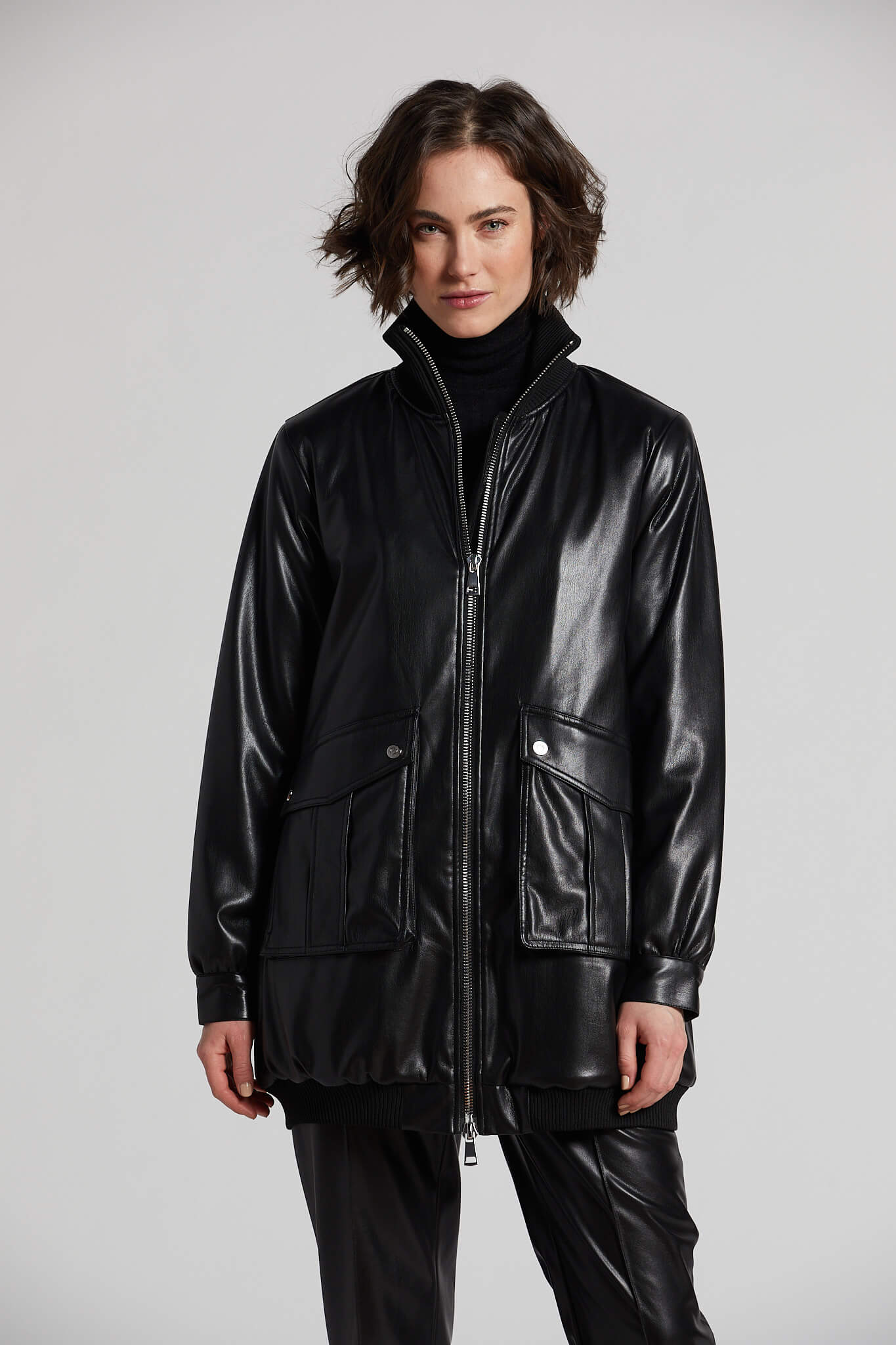 Adroit Atelier Petra Long Vegan Leather Bomber Jacket - Black