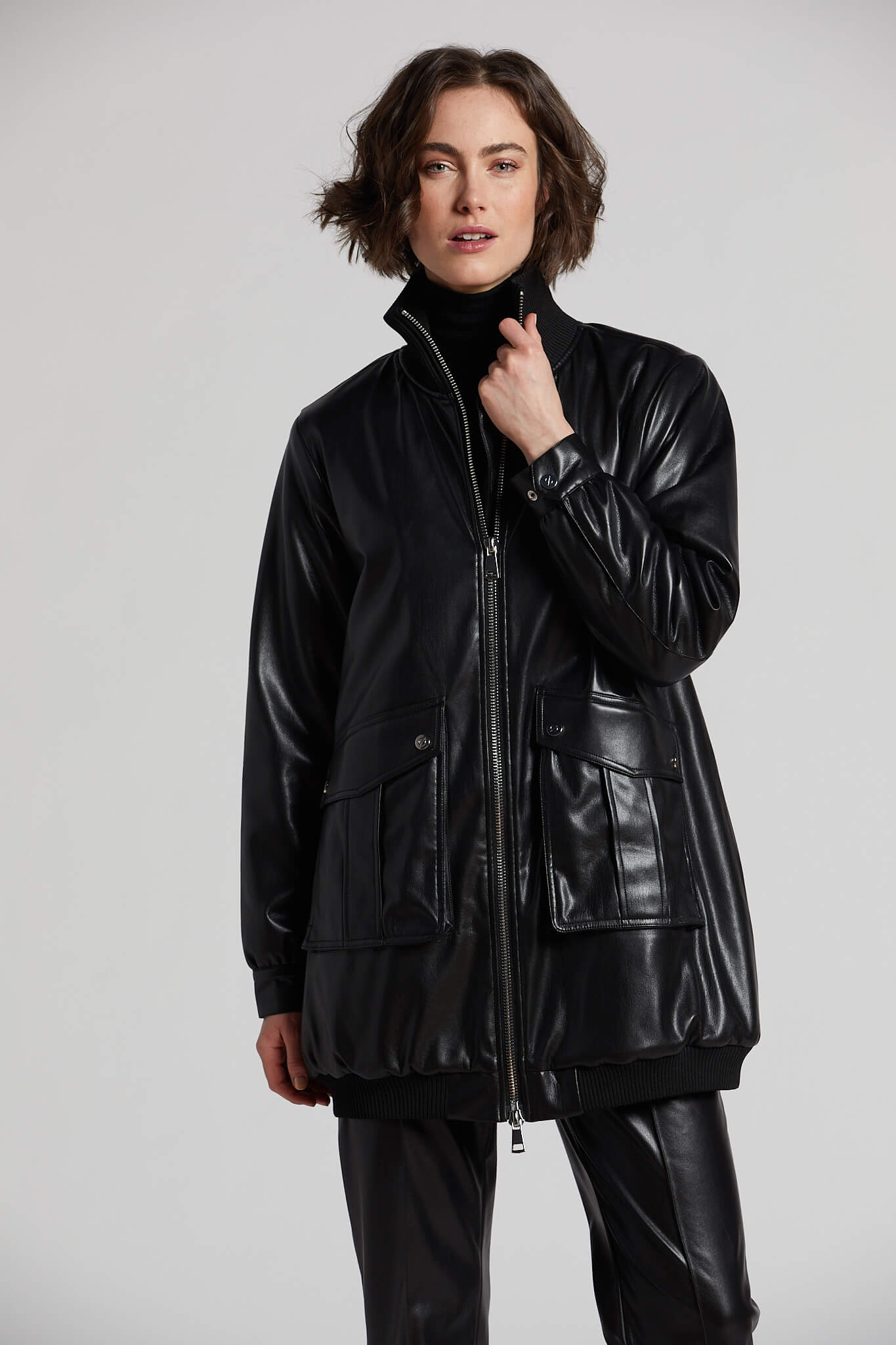 Adroit Atelier Petra Long Vegan Leather Bomber Jacket - Black