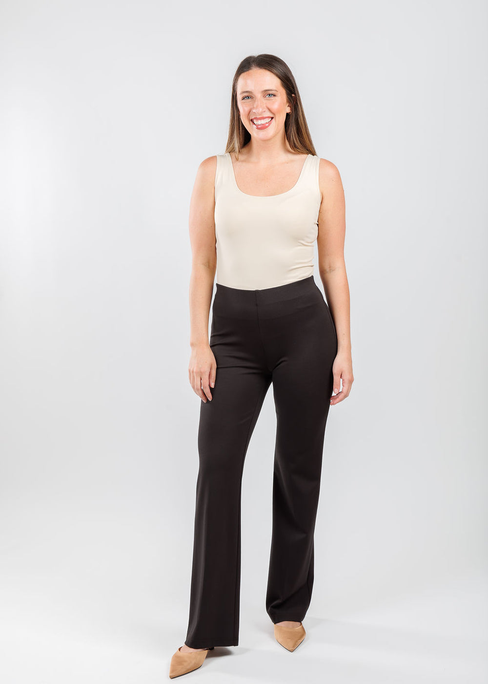 A'nue The Classic Micro Tank Top in Pearl paired with Peace of Cloth Jules Trousers in Paramount Knit in Brown available at Barbara Katz
