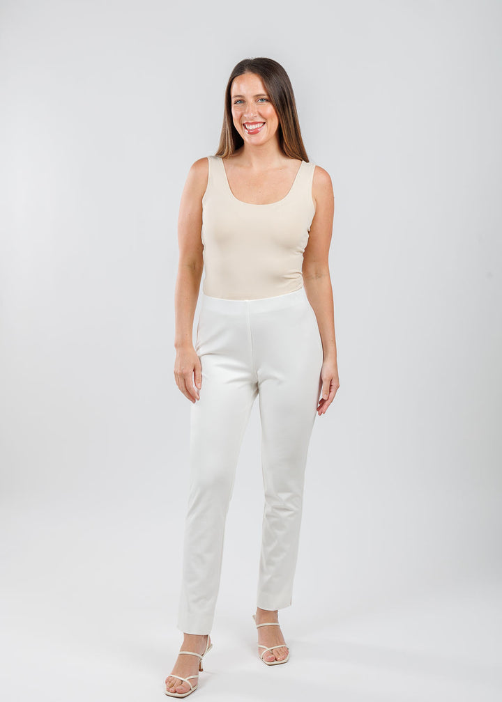 A'nue The Classic Micro Tank Top in Cream paired with Peace of Cloth Annie 29" Paramount Knit Pants in Oyster available at Barbara Katz