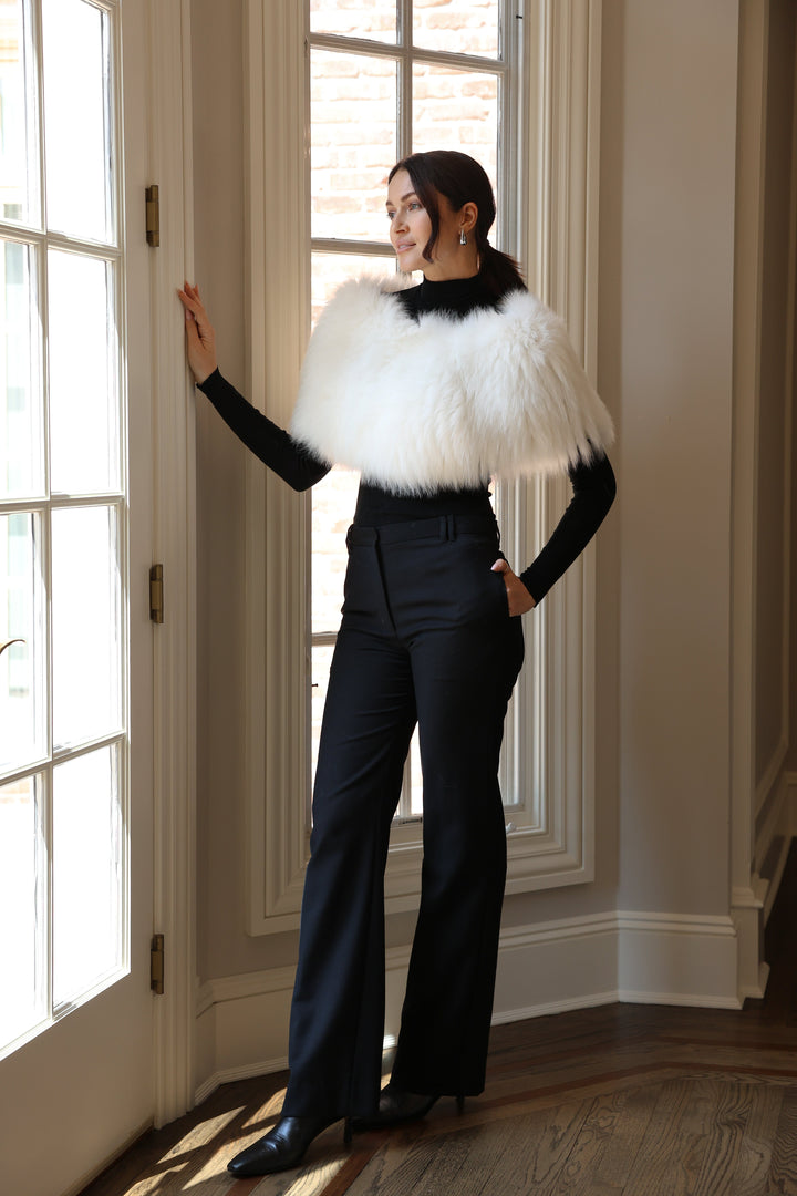 Knitted Fox Fur Wool Shawl in White