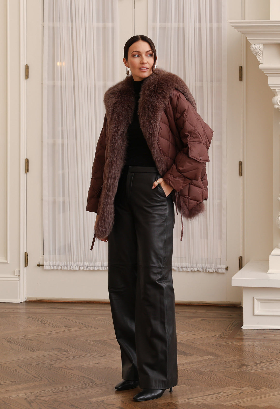 Nylon Sailor Coat with Fox Fur in Chocolate