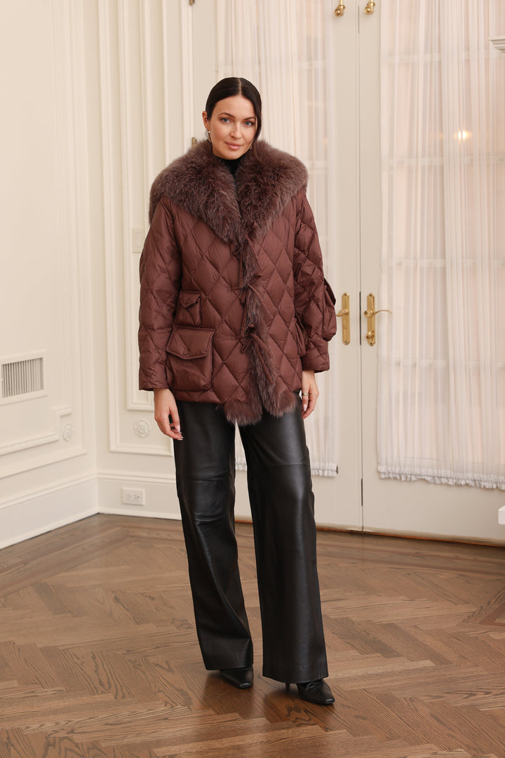 Nylon Sailor Coat with Fox Fur in Chocolate