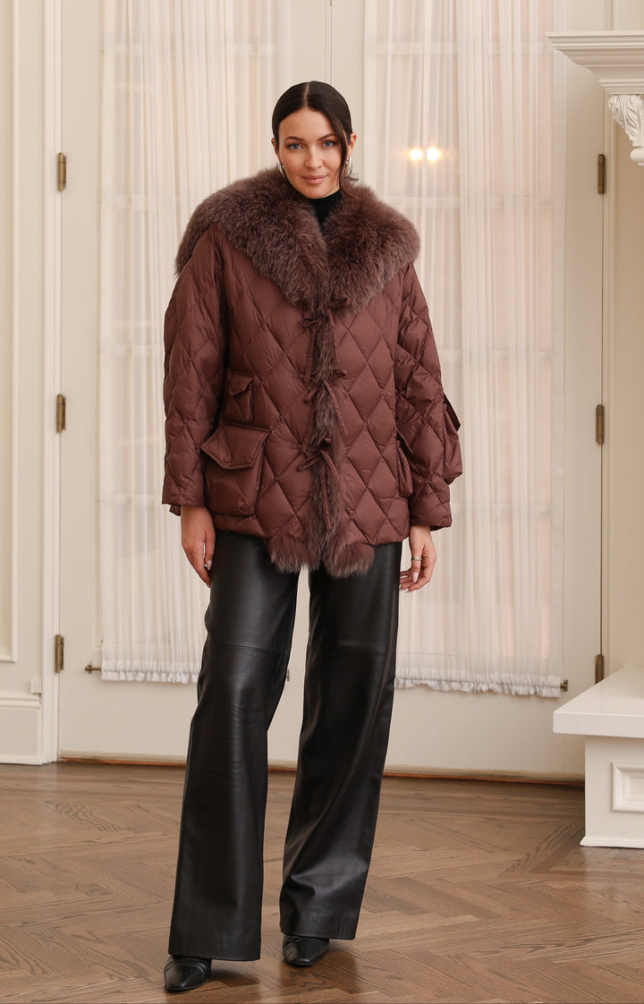Nylon Sailor Coat with Fox Fur in Chocolate