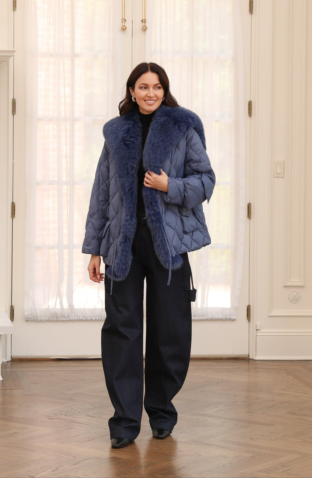 Nylon Sailor Coat with Fox Fur in Marine
