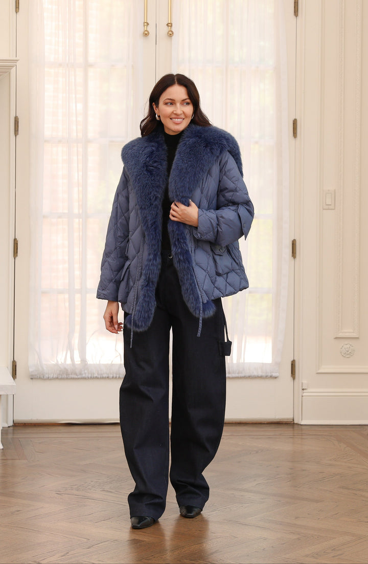 Nylon Sailor Coat with Fox Fur in Marine