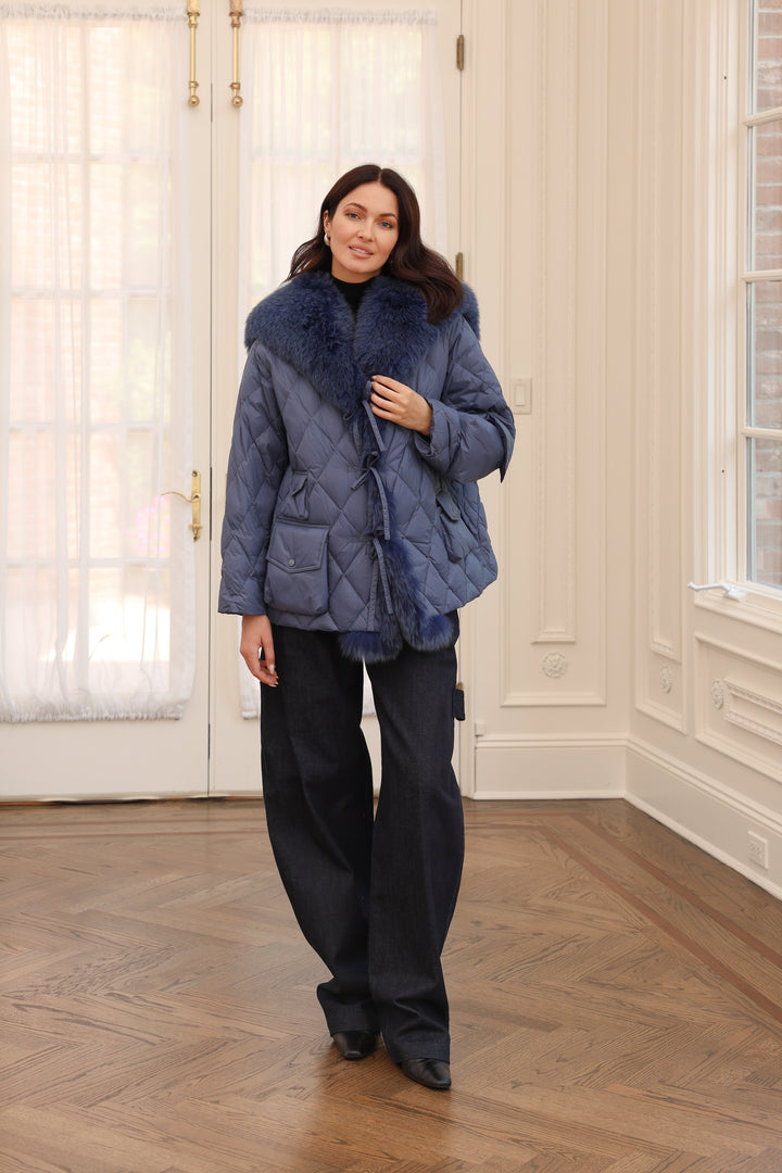 Nylon Sailor Coat with Fox Fur in Marine