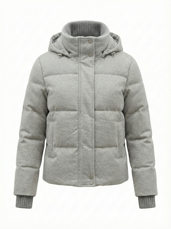 Adroit Atelier Paloma Mini Chevron Quilted Down Jacket With Removable Hood in Light Grey available at Barbara Katz
