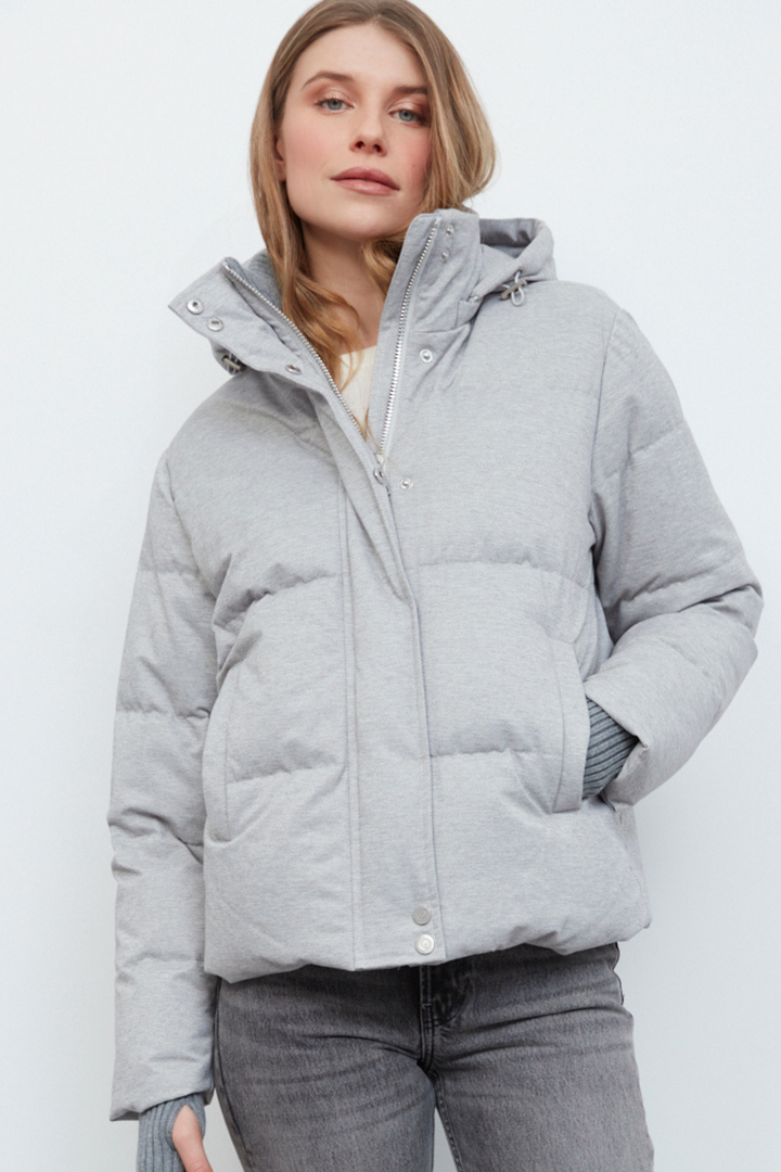 Adroit Atelier Paloma Mini Chevron Quilted Down Jacket With Removable Hood in Light Grey available at Barbara Katz