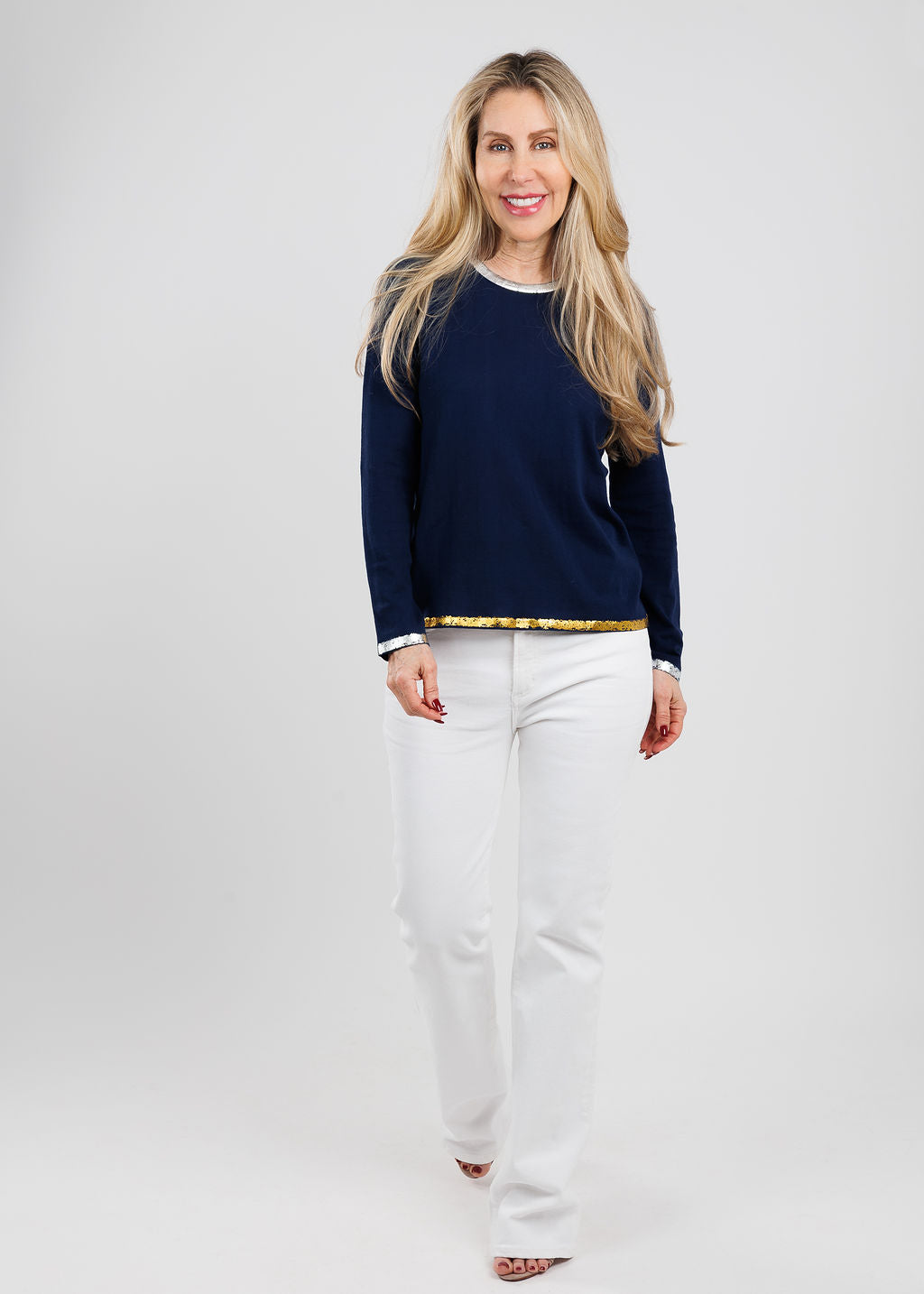 Peace of Cloth Sasha Long Sleeve Crew Top With Foil in Navy paired with Frame Le Slim Palazzo Jeans in White available at Barbara Katz