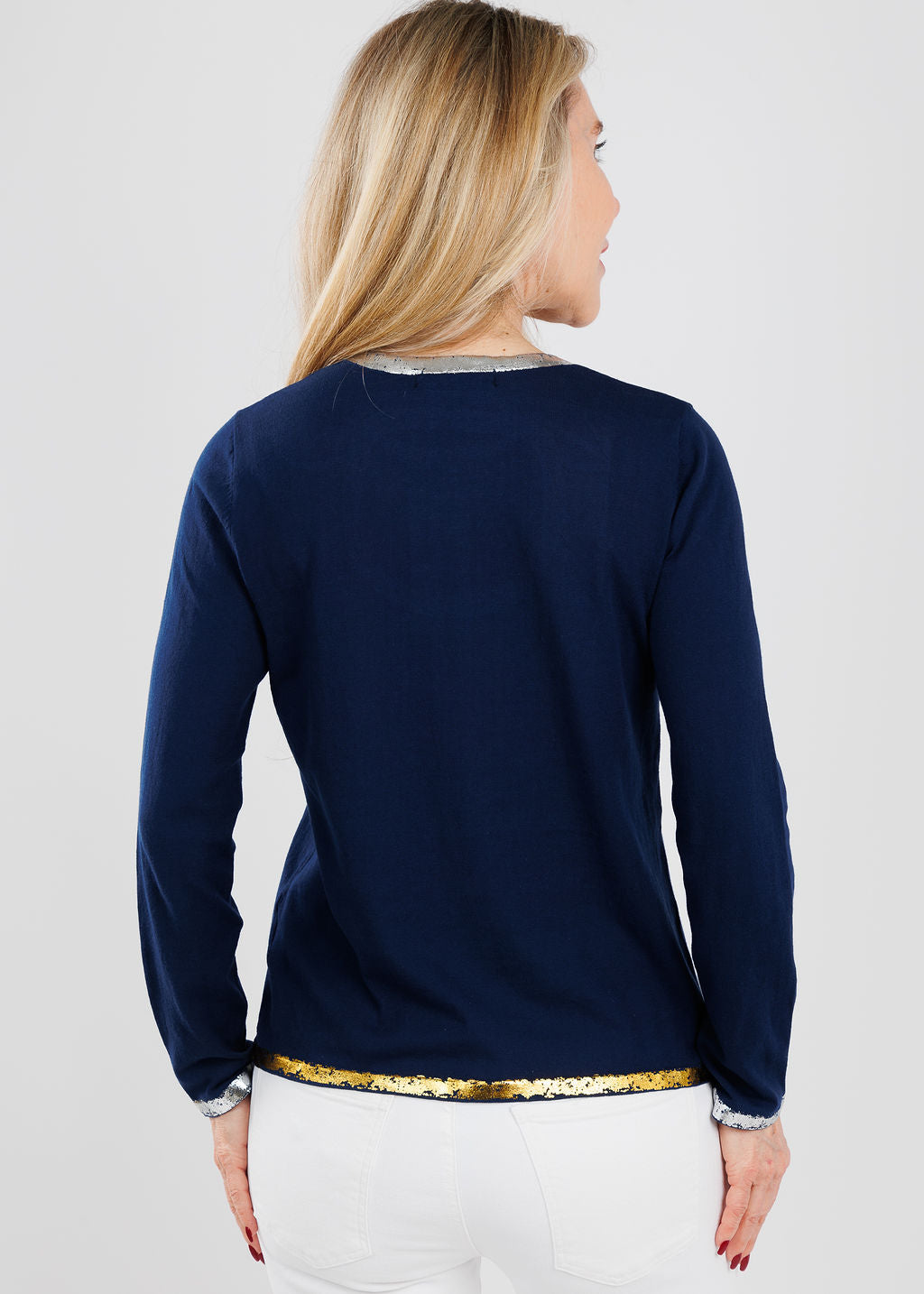 Peace of Cloth Sasha Long Sleeve Crew Top With Foil in Navy available at Barbara Katz