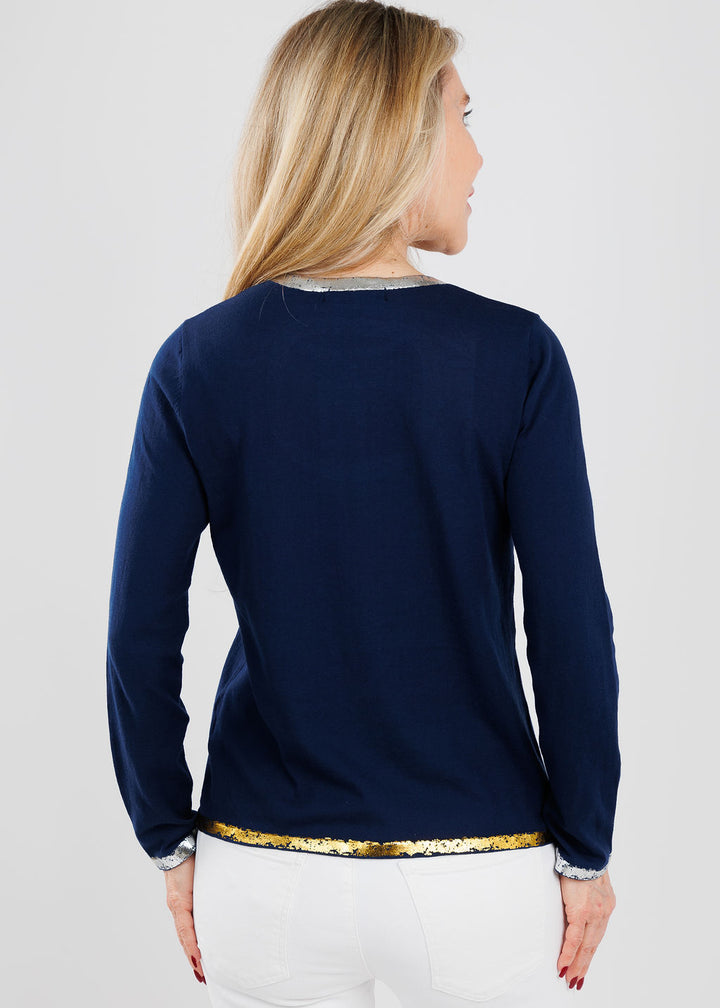Peace of Cloth Sasha Long Sleeve Crew Top With Foil in Navy available at Barbara Katz