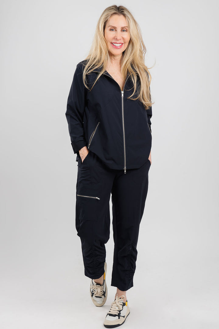 Peace of Cloth Alex Jacket in Navy paired with matching Peace of Cloth Ash Zip Pull-On Pants in Navy available at Barbara Katz