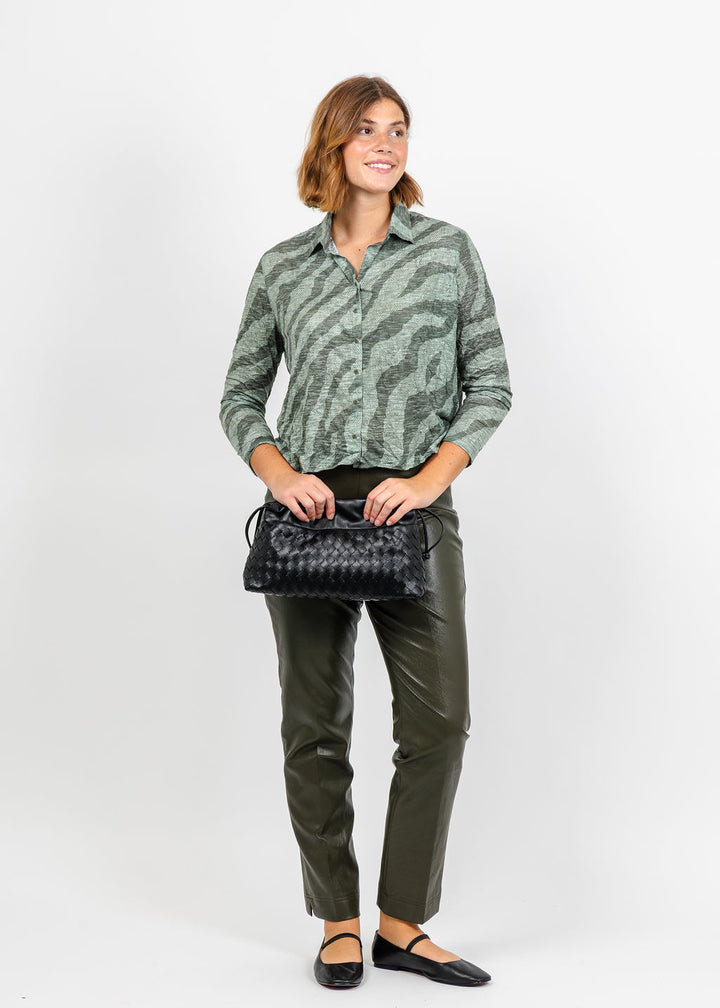 David Cline Lyra Crop Shirt in Loden paired with Peace of Cloth Annie Ultra Faux Pant in Olive available at Barbara Katz