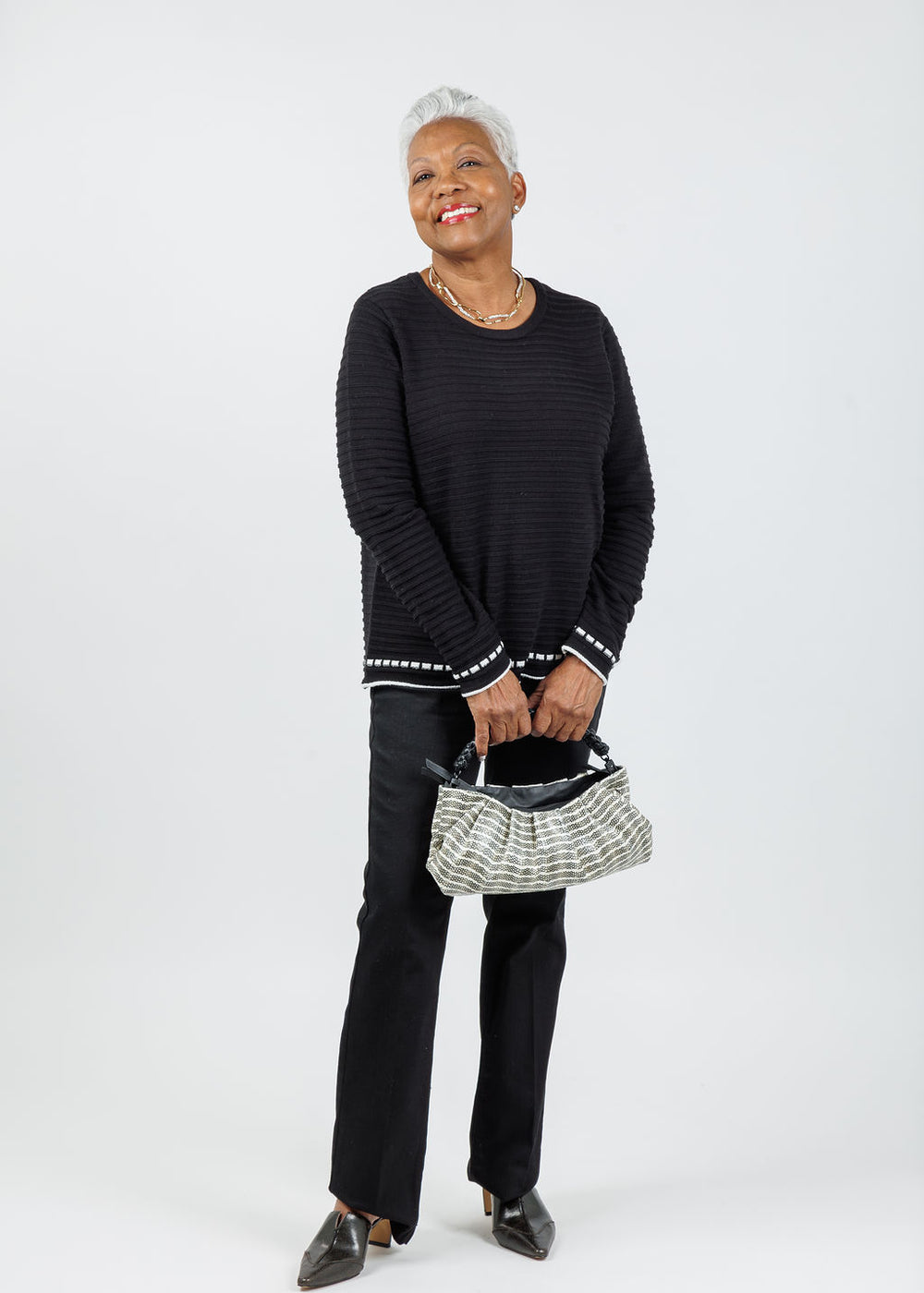 Peace of Cloth Faux Ribbon Crew Neck Sweater in Black/White available at Barbara Katz
