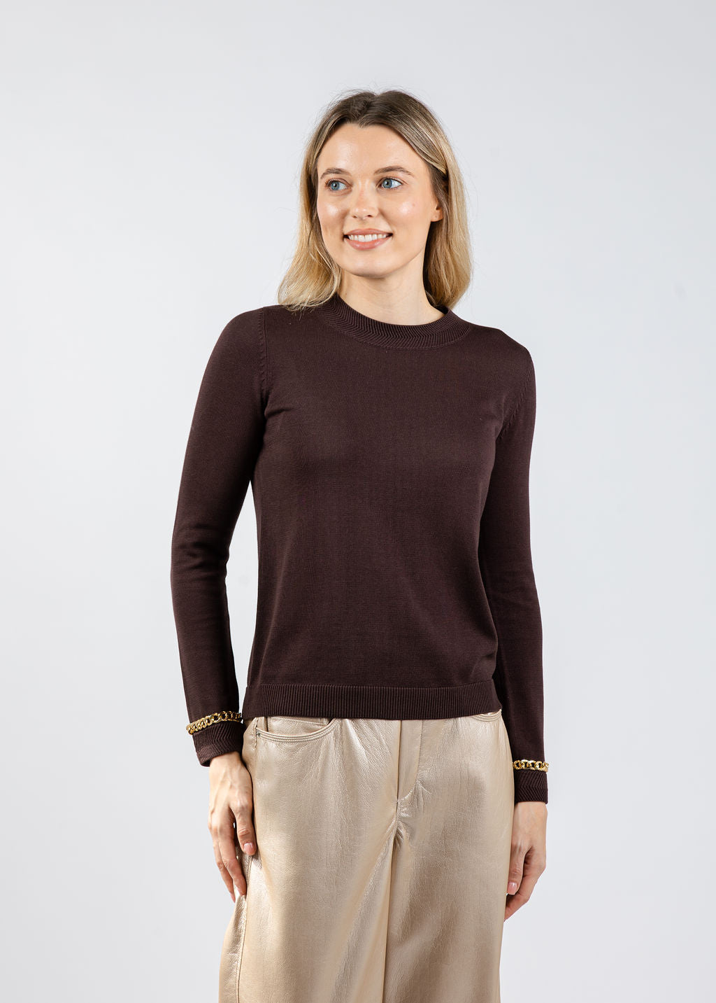Peace of Cloth Gold Chain Crew Neck Sweater in Brown available at Barbara Katz