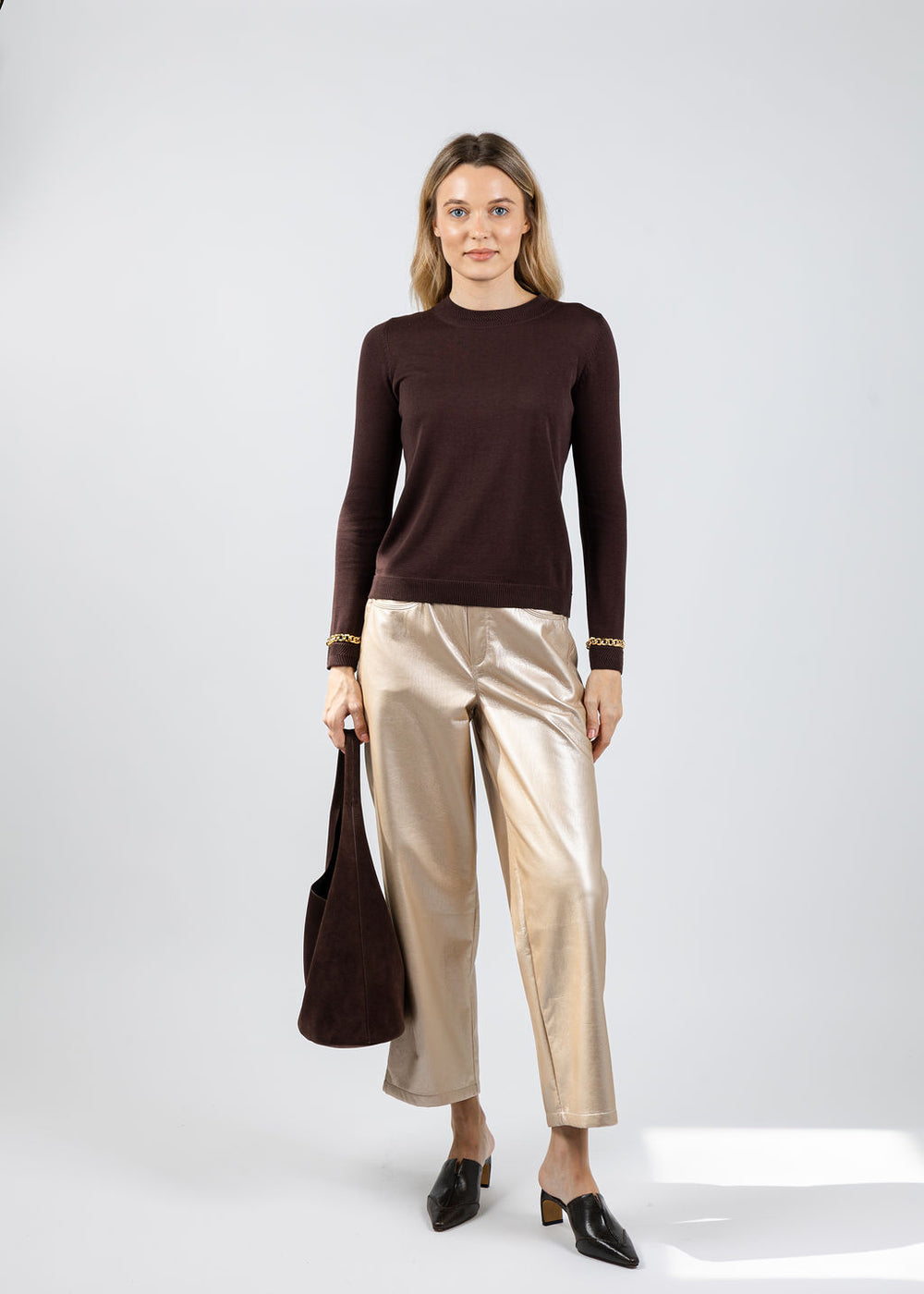 Peace of Cloth Gold Chain Crew Neck Sweater in Brown available at Barbara Katz