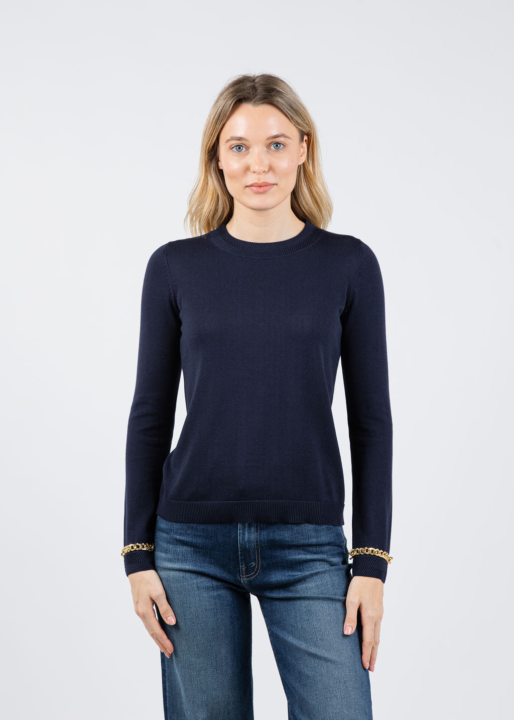 Peace of Cloth Gold Chain Crew Neck Sweater in Navy available at Barbara Katz