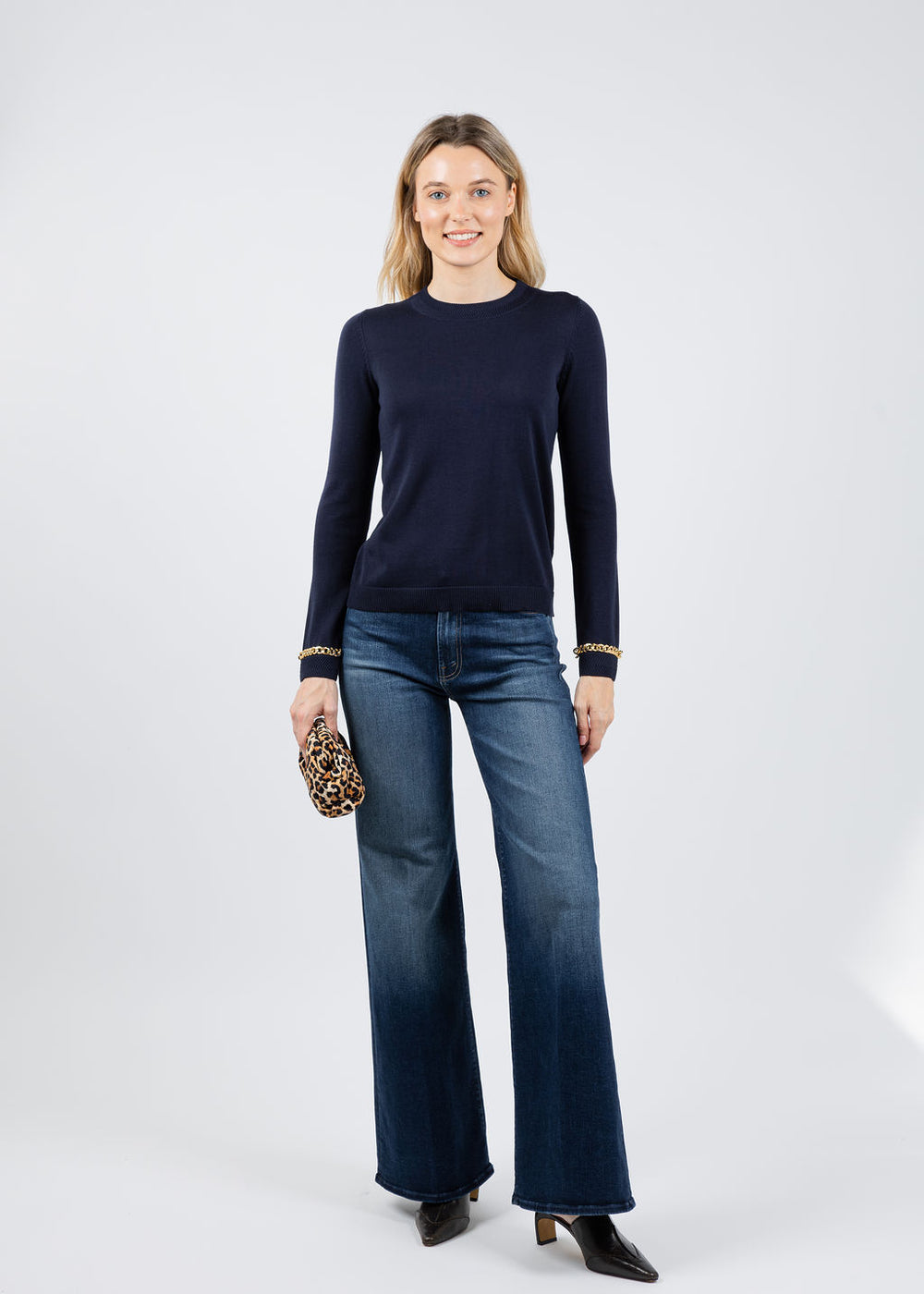 Peace of Cloth Gold Chain Crew Neck Sweater in Navy available at Barbara Katz