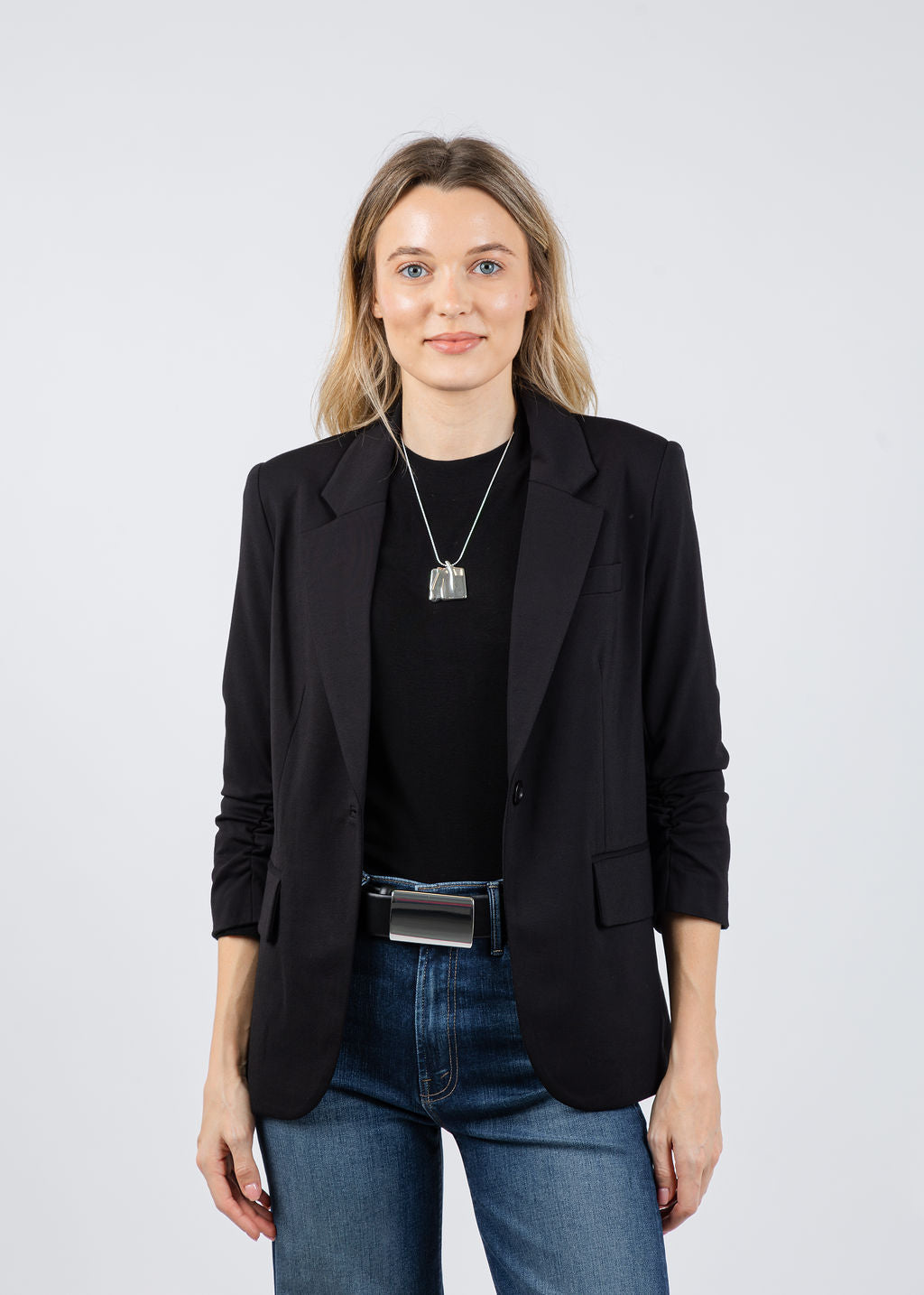 Peace of Cloth Jaime Ruched Sleeve Jacket in Black available at Barbara Katz