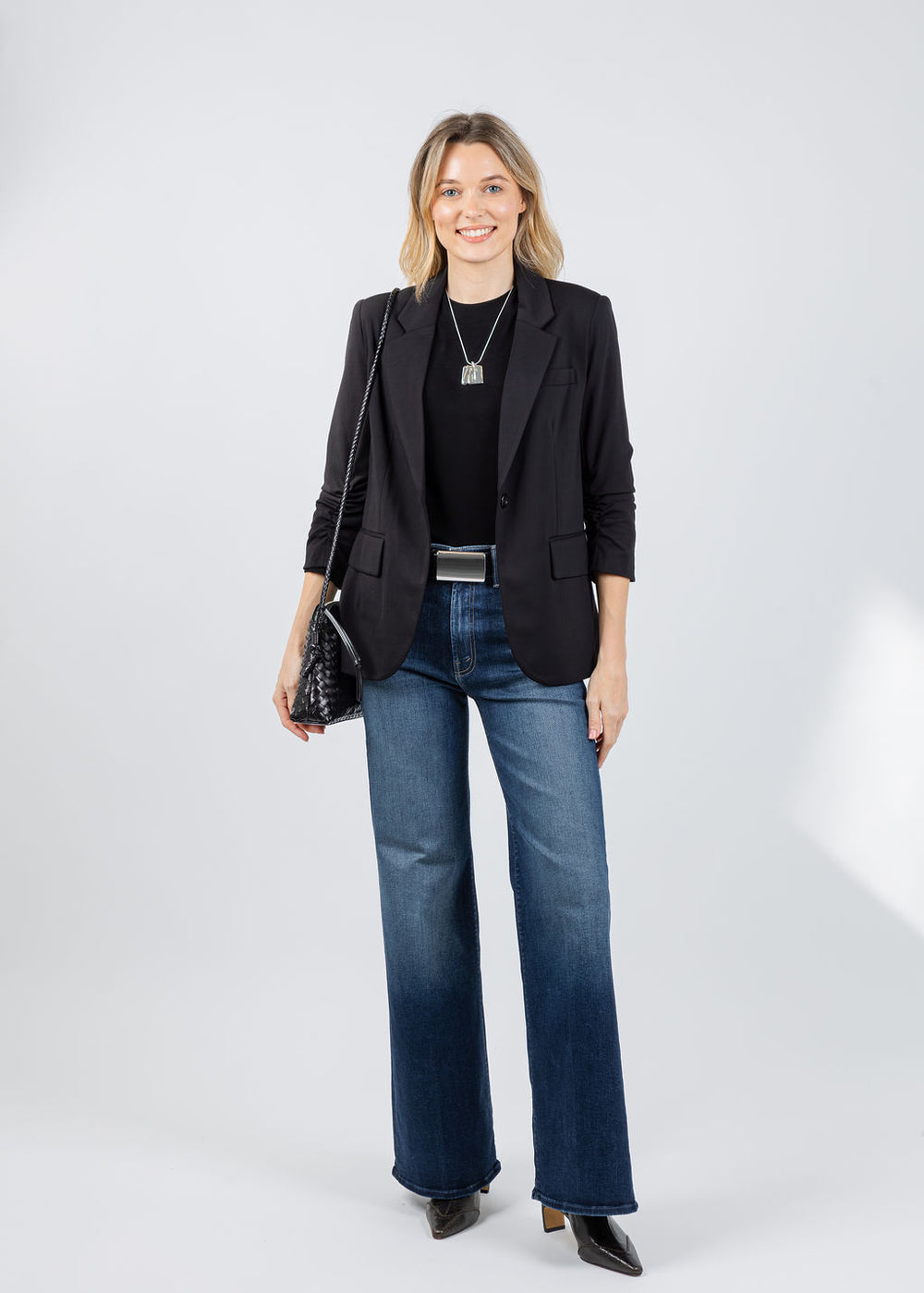 Peace of Cloth Jaime Ruched Sleeve Jacket in Black with Repeat Crew Shirt in Black underneath available at Barbara Katz